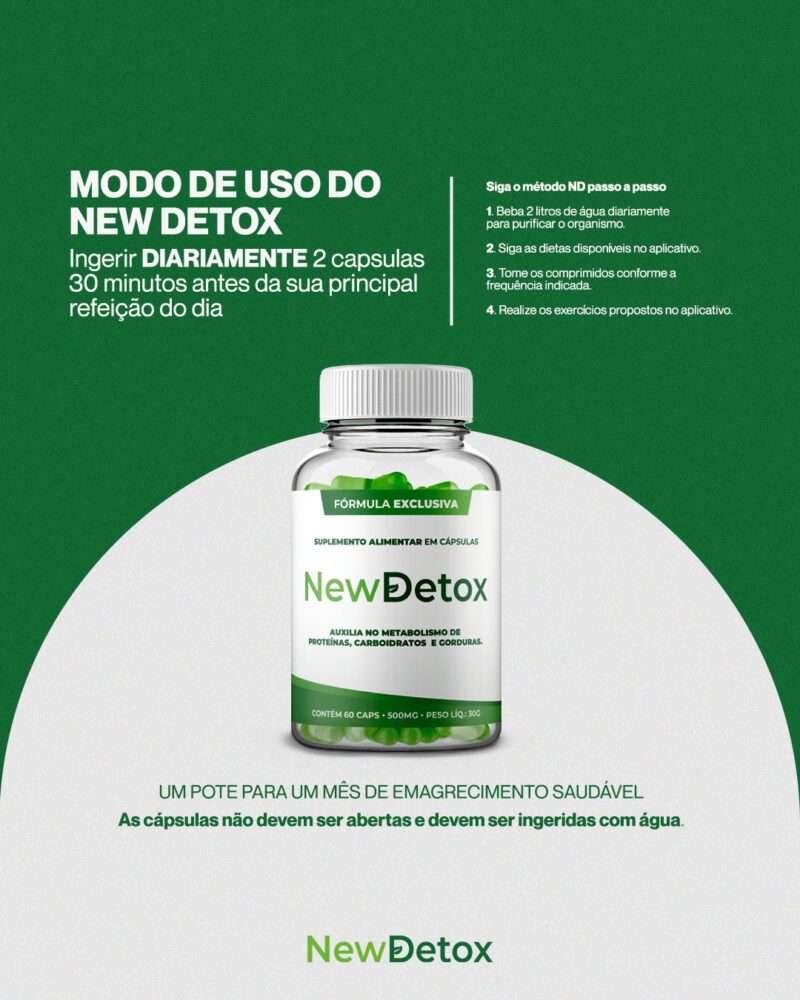 Com o suplemento alimentar em cápsulas New Detox, você potencializará ainda mais os resultados desejados. E o melhor: é 100% natural. Adquira agora mesmo o seu!